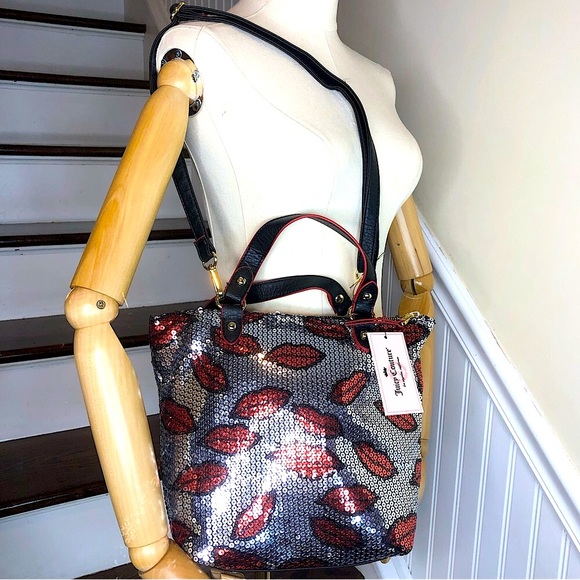 JUICY COUTURE Red Lipstick Kiss Lips Sequin Top Zip Crossbody Shoulder Bag NWT - Picture 4 of 17